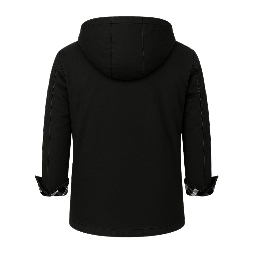 Black kouvr hooded jacket on a white background