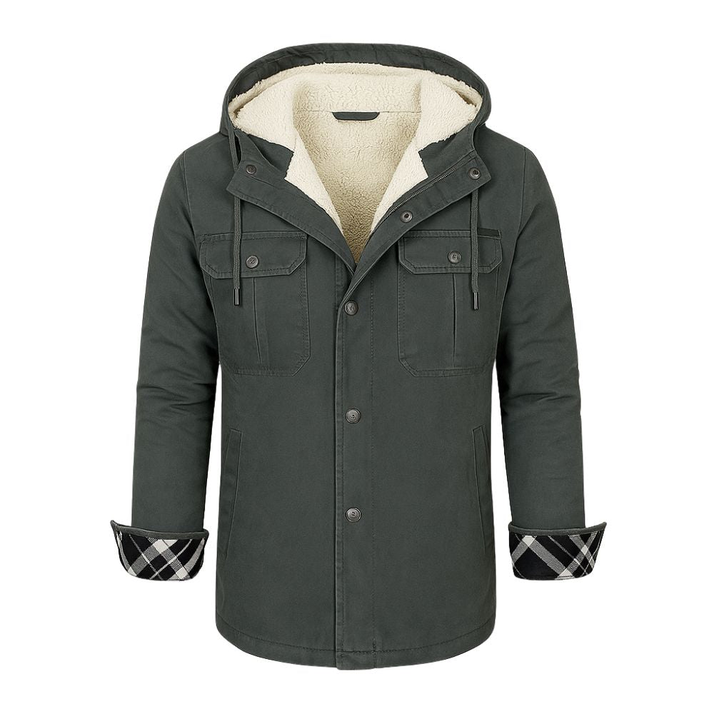 Grey kouvr coat with plaid cuffs on a white background