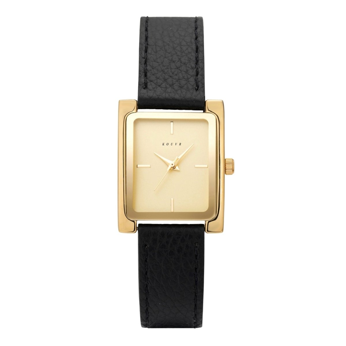 Gold Kouvr square watch with black leather strap on a white background