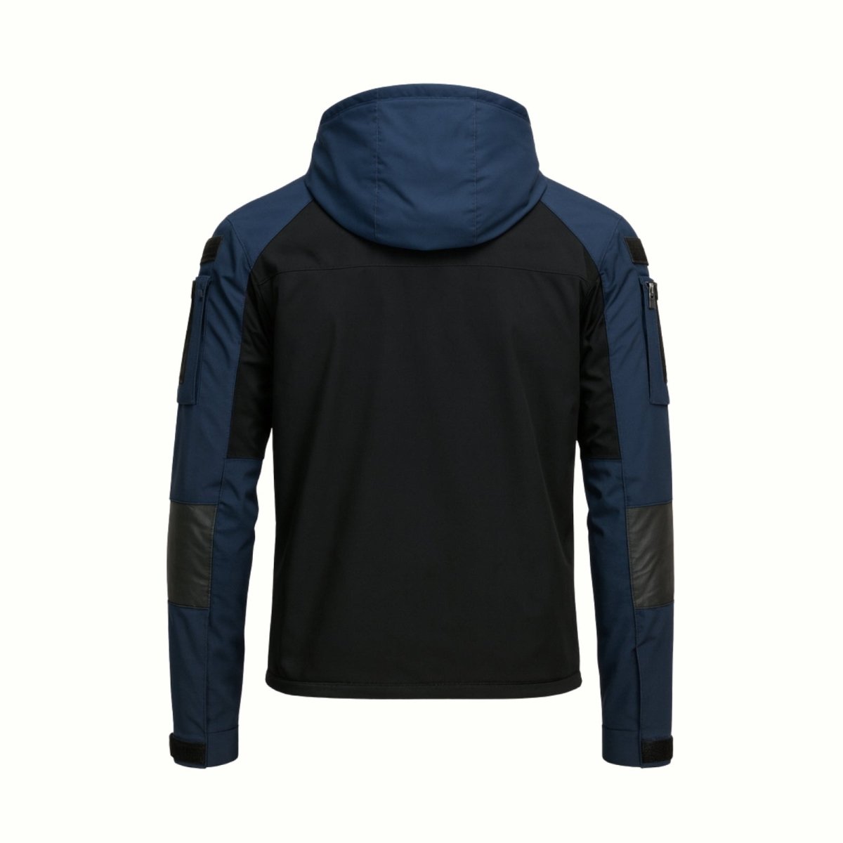 Flat lay studio shot of the back of the Kouvr Clint combat hoodie, detailing the construction of the hood, shoulders, and reinforced arms.