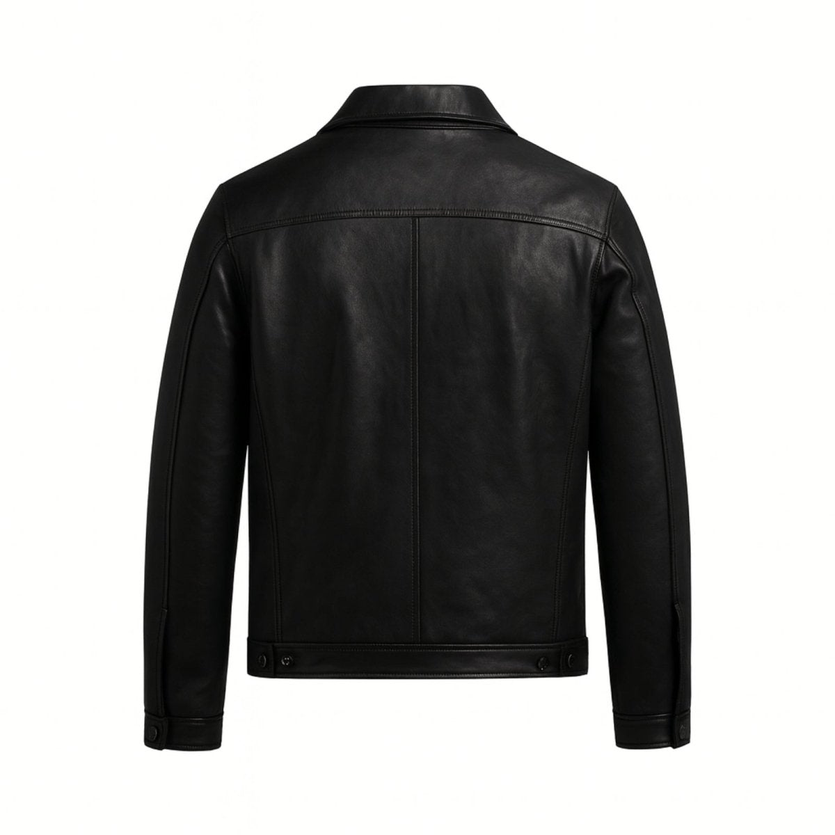 Flat lay product shot of the back of the Kouvr black leather trucker jacket, showing the clean construction and rear waist adjusters.