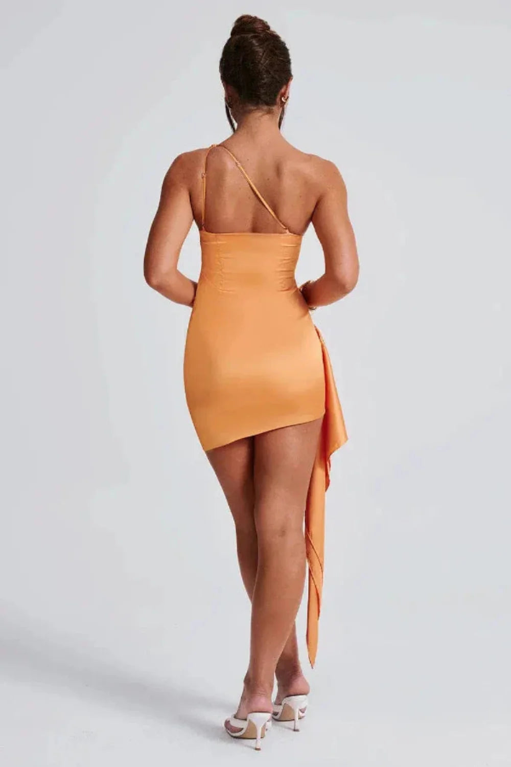 Kouvr Fashion Clover One Shoulder Draped Dress in Orange Satin Front View on Model