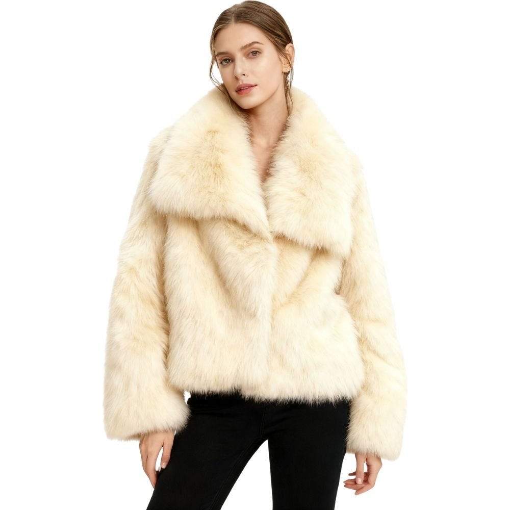  Luxury vegan fur coat
- Women's plush winter jacket
- Cream evening jacket
- Wide collar faux fur coat
- Off-white cropped outerwear 