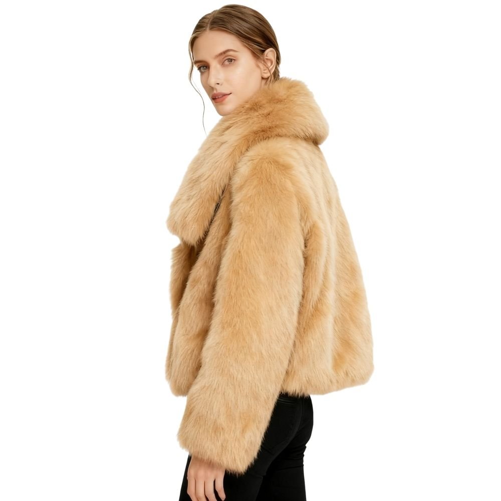vegan mink," "plush outerwear," "shawl collar coat," "ethical luxury," and "evening jacket