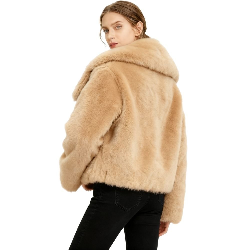 vegan mink," "plush outerwear," "shawl collar coat," "ethical luxury," and "evening jacket