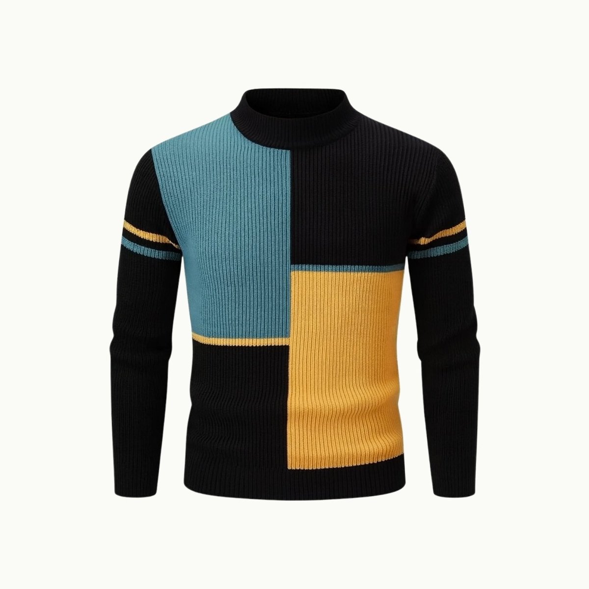 Product shot of the Kouvr men's color-block mock neck sweater with a ribbed texture, front view. 