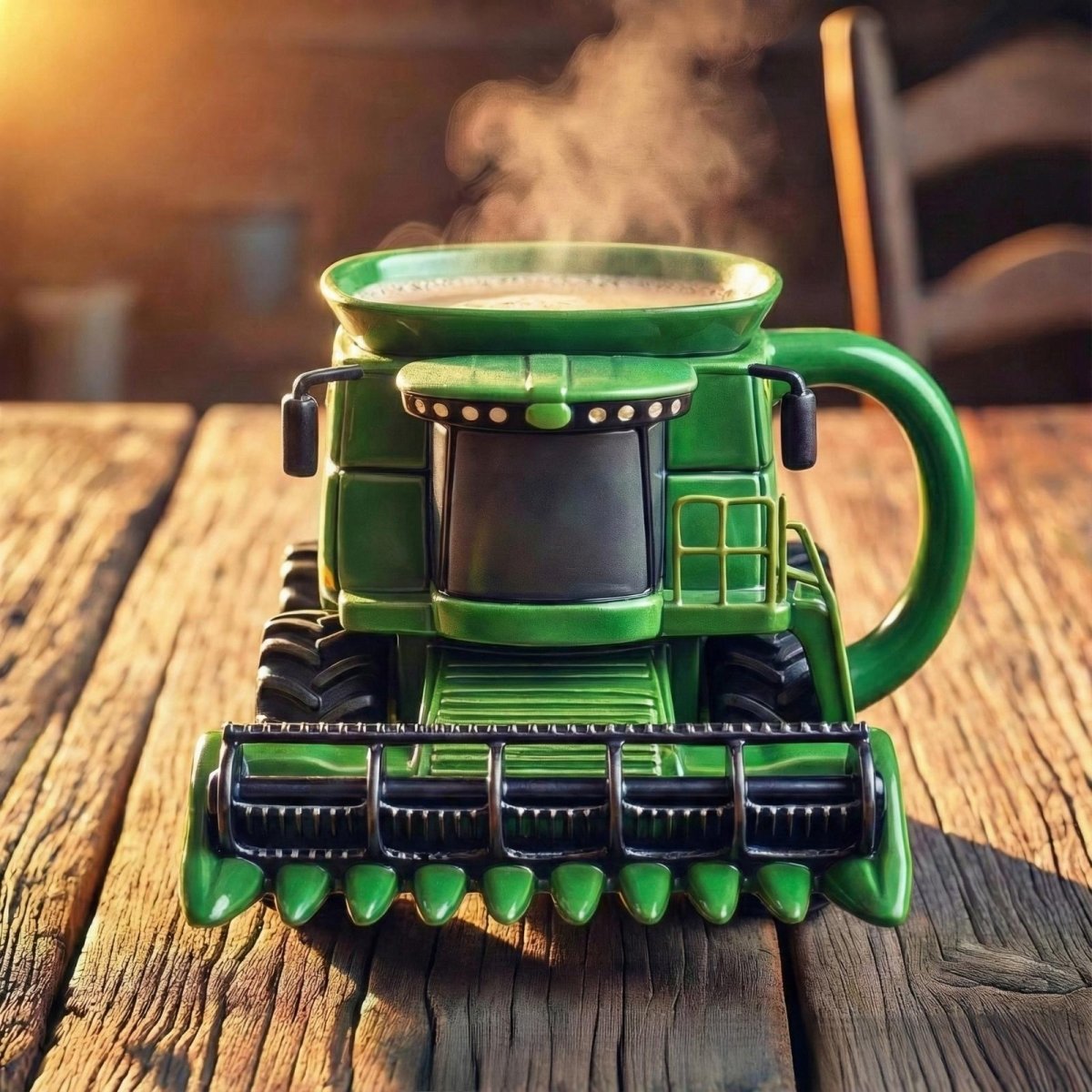 Front view of a detailed ceramic combine harvester mug by Kouvr, filled with steaming coffee and showcasing the intricate grain header and cab.
