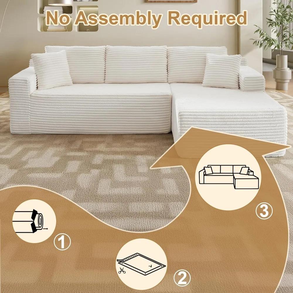 Woman relaxing on the Kouvr corduroy l-shaped cloud sofa in a modern grey living room