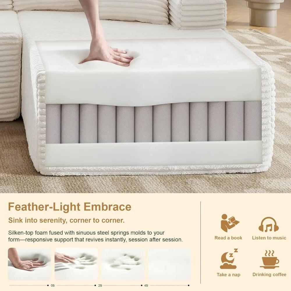 Woman relaxing on the Kouvr corduroy l-shaped cloud sofa in a modern grey living room