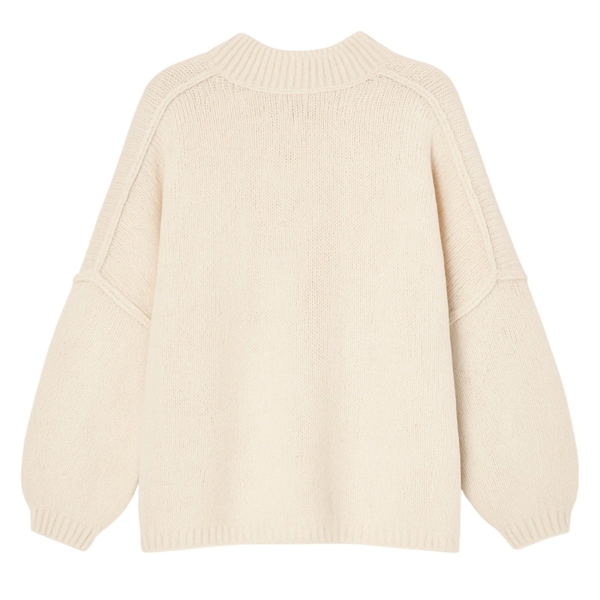 Flatlay of the Kouvr button-front chunky knit cardigan in cream, highlighting the natural horn buttons and knit texture.