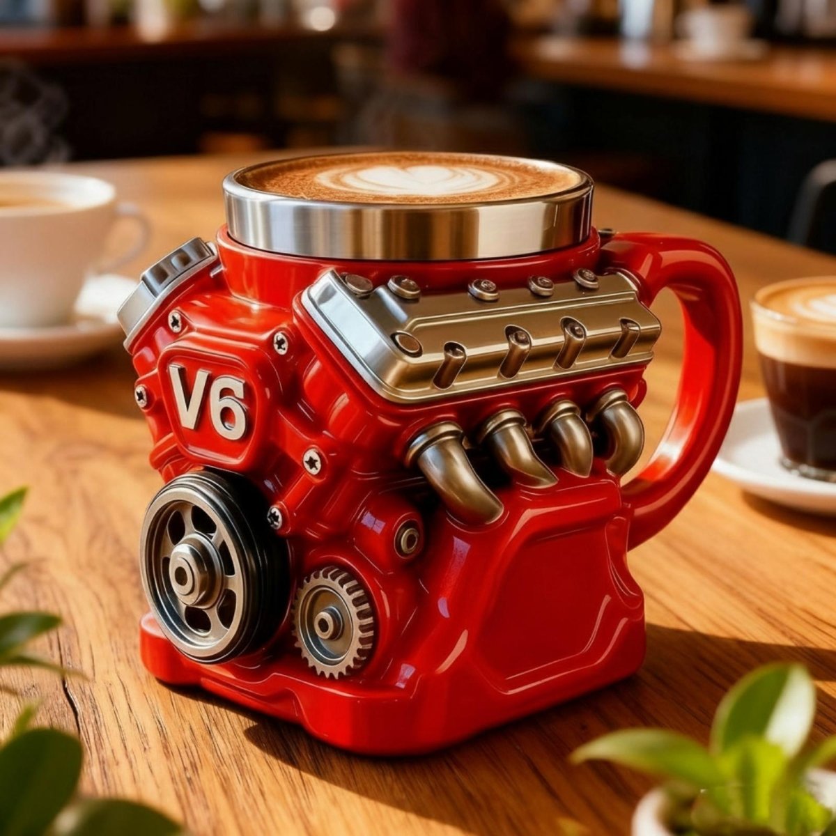 Side view of a red crimson engine mug coffee mug with detailed gears and polished valve covers, containing a latte with foam art, on a rustic wood table. 