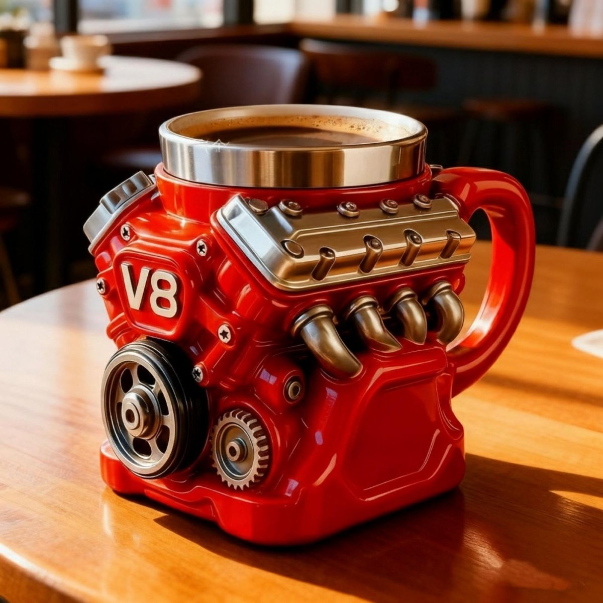 A red Crimson Engine Mug shaped ceramic coffee mug filled with black coffee, sitting on a sunlit wooden desk in a luxury cafe setting.