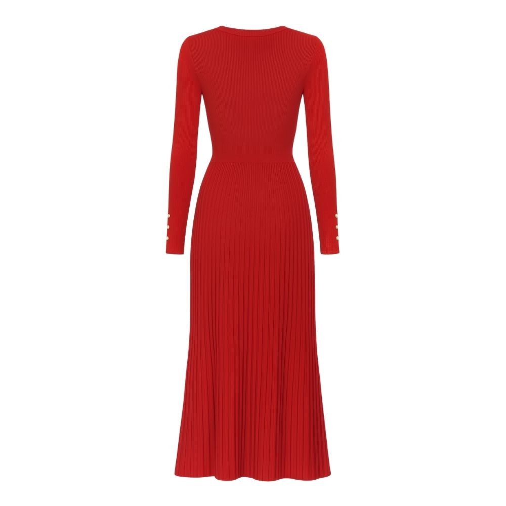 Holiday party dress, women's fall dress, mock neck dress, dress with pearl buttons, sophisticated red dress, luxury knitwear, Parisian style.