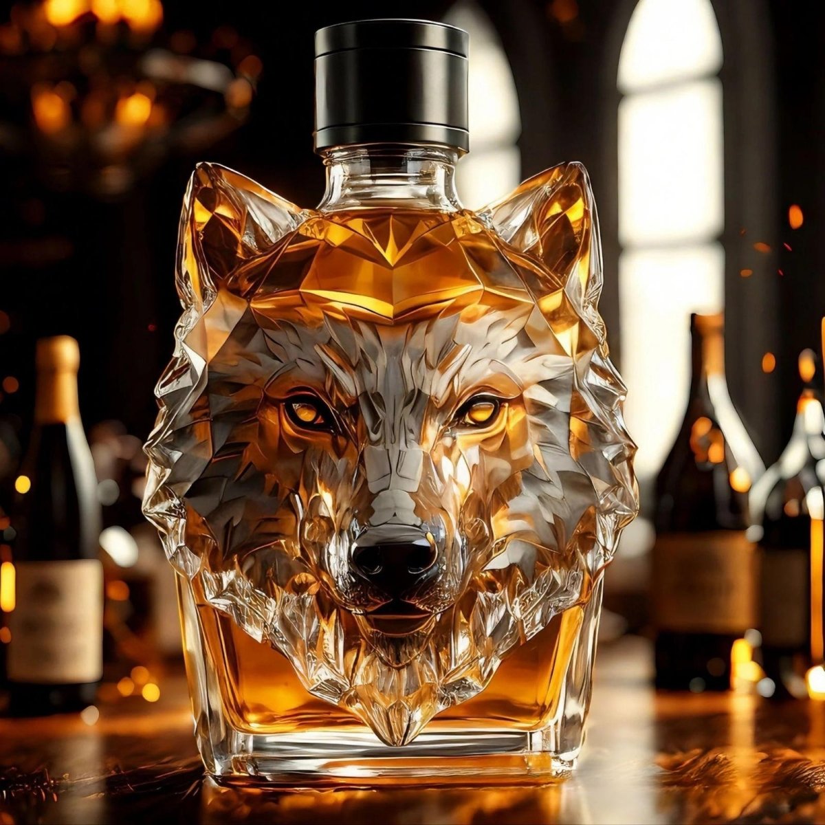 The Kouvr Apex Wolf crystal whiskey decanter sitting on a dark slate bar top with a softly lit background of aged barrels.