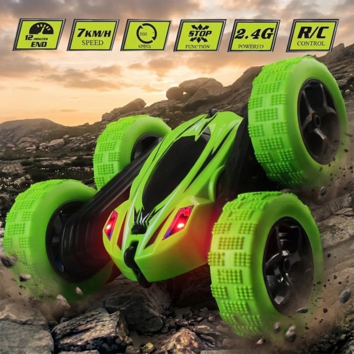 A vibrant green Kouvr Cyclone RC stunt car driving fast through a rocky, off-road environment with its great features