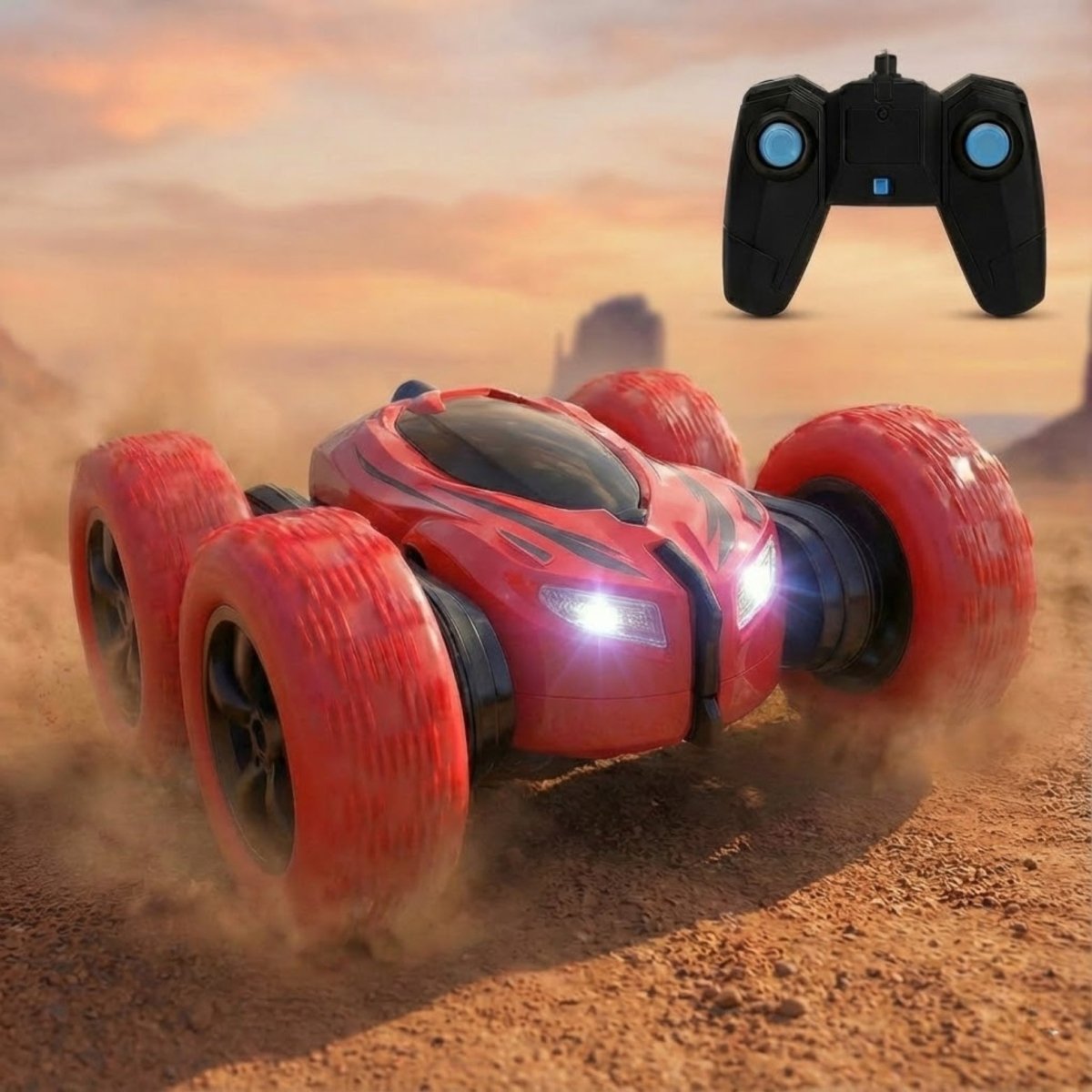 A vibrant red Kouvr Cyclone RC stunt car driving fast through a rocky, off-road environment.
