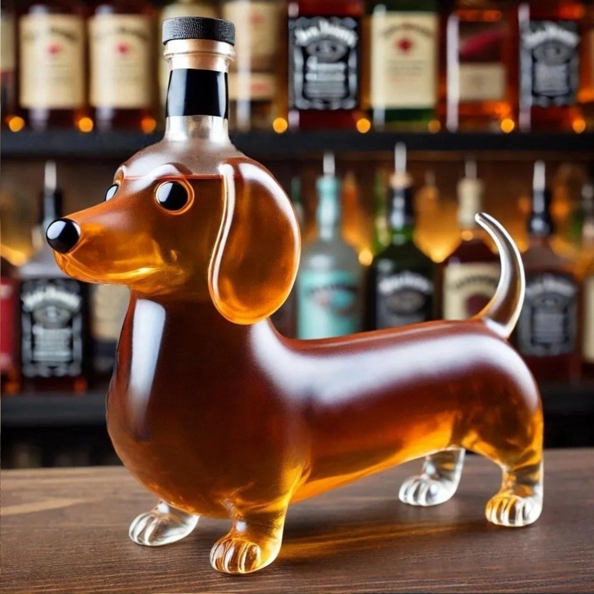 Side profile of a glass dachshund shaped whiskey decanter filled with bourbon, sitting on a wooden bar top with a shelf of liquor bottles in the background.