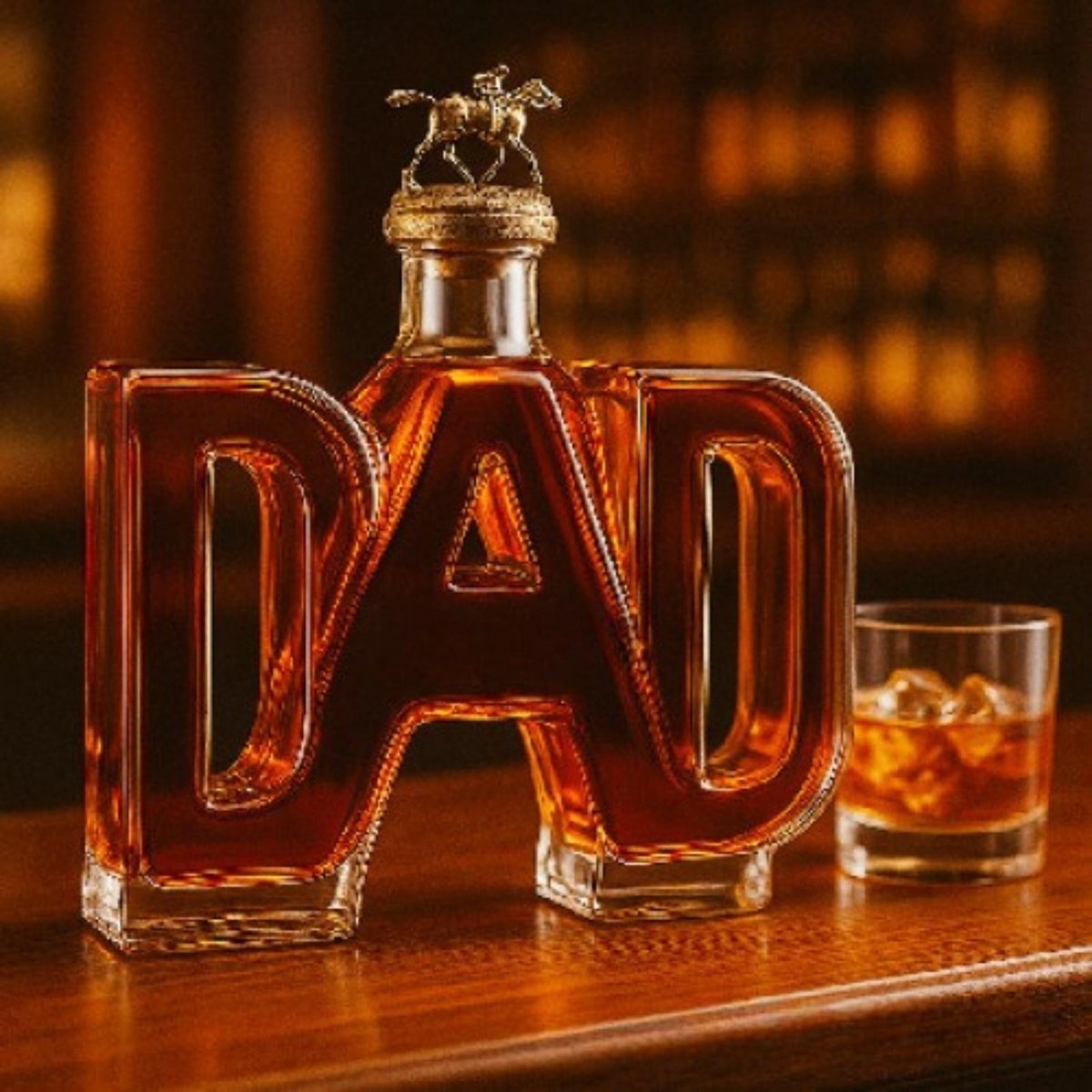 A DAD shaped liquor decanter by Kouvr featuring an ornate horse and jockey stopper, presented as a perfect gift for a dad who loves horse racing or bourbon.