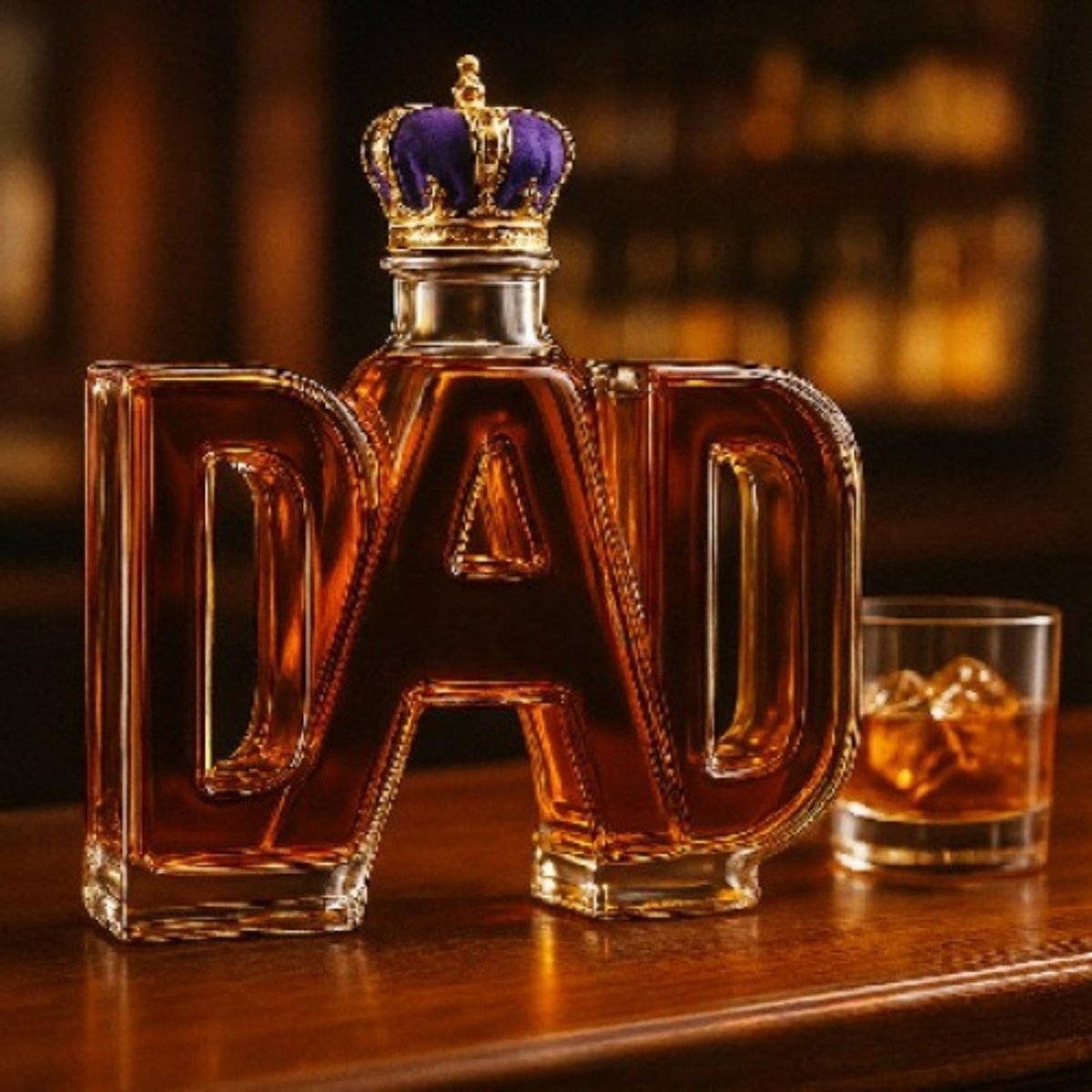 The Kouvr DAD Shaped Whiskey Decanter with a royal crown stopper, filled with amber liquid and sitting on a wooden bar next to a glass of whiskey.