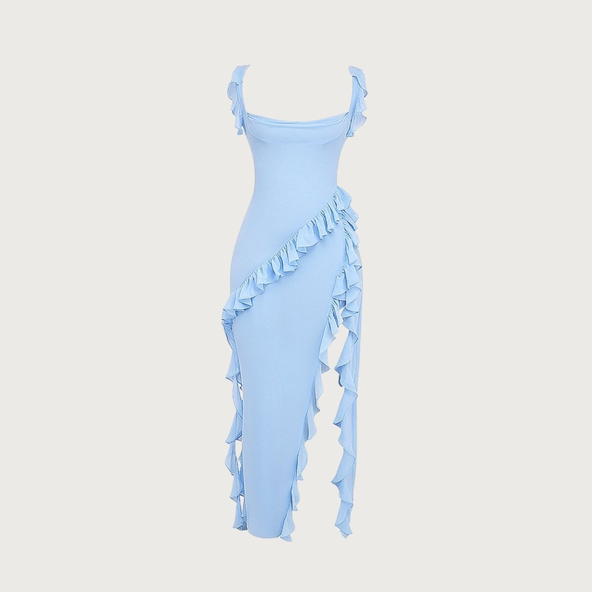 Blue Kouvr dress with ruffled details on a light gray background