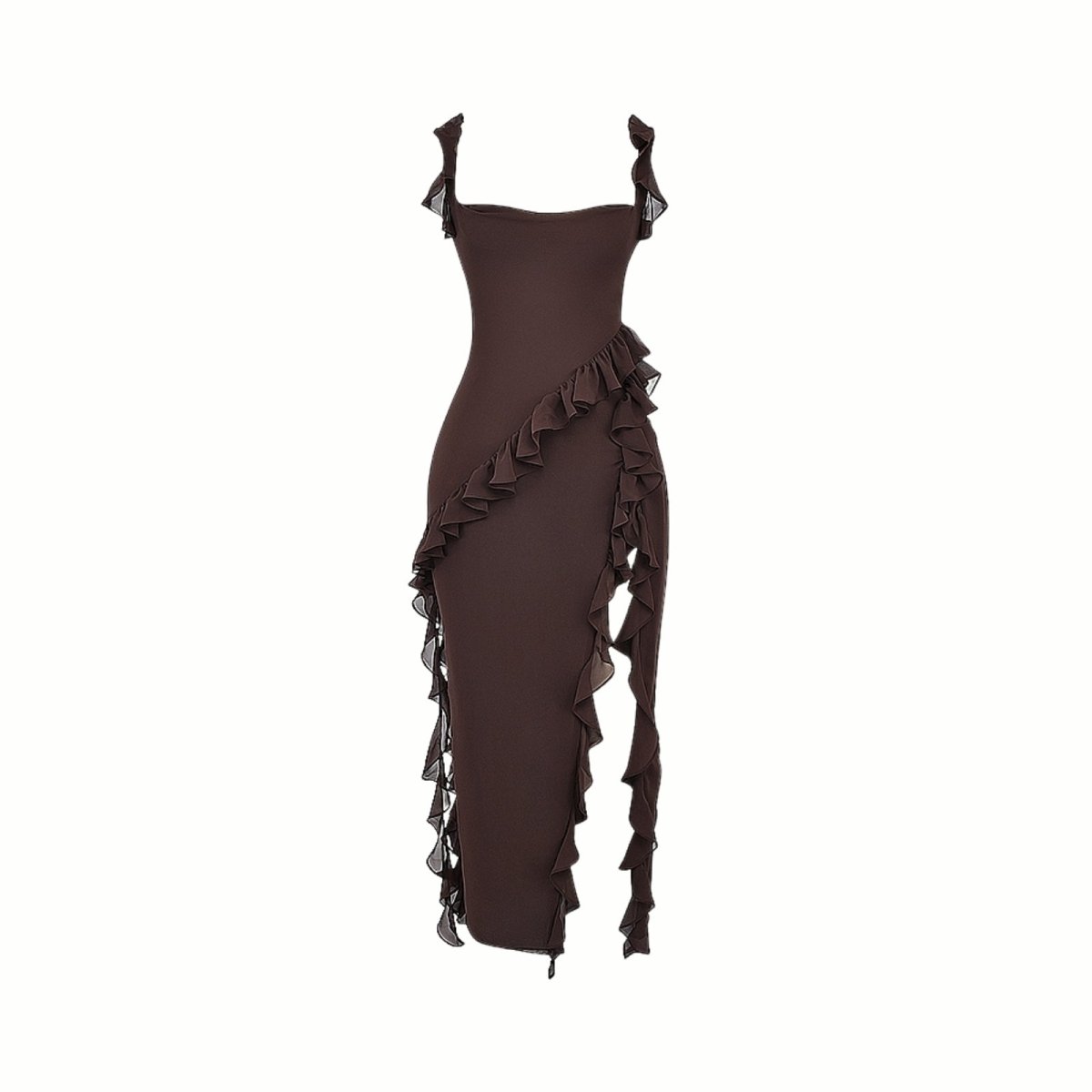 Brown Kouvr dress with ruffled details on a white background