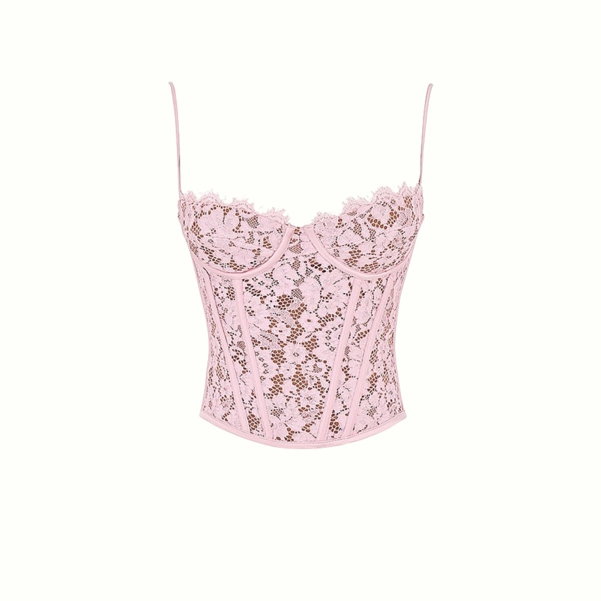 Pink Kouvr lace top on a white background