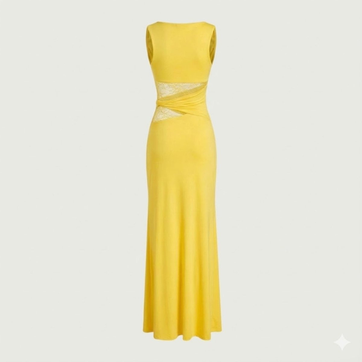 Flat lay product image showing the back of the Kouvr Fashion yellow cut out midi dress on a light grey background.