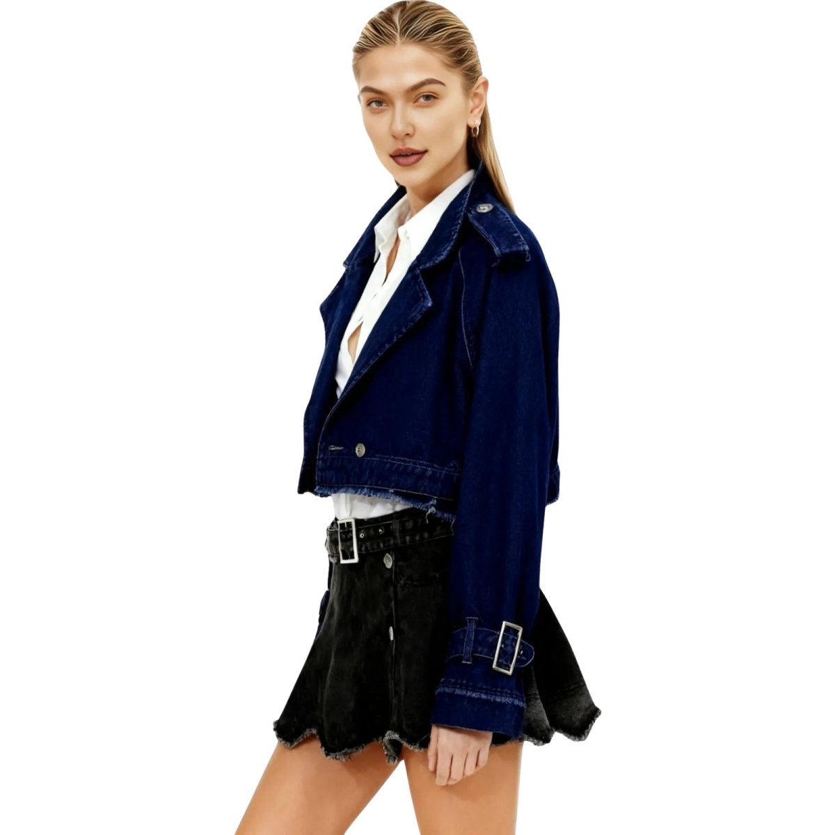 Woman wearing a blue kouvr denim jacket and black skirt on a white background