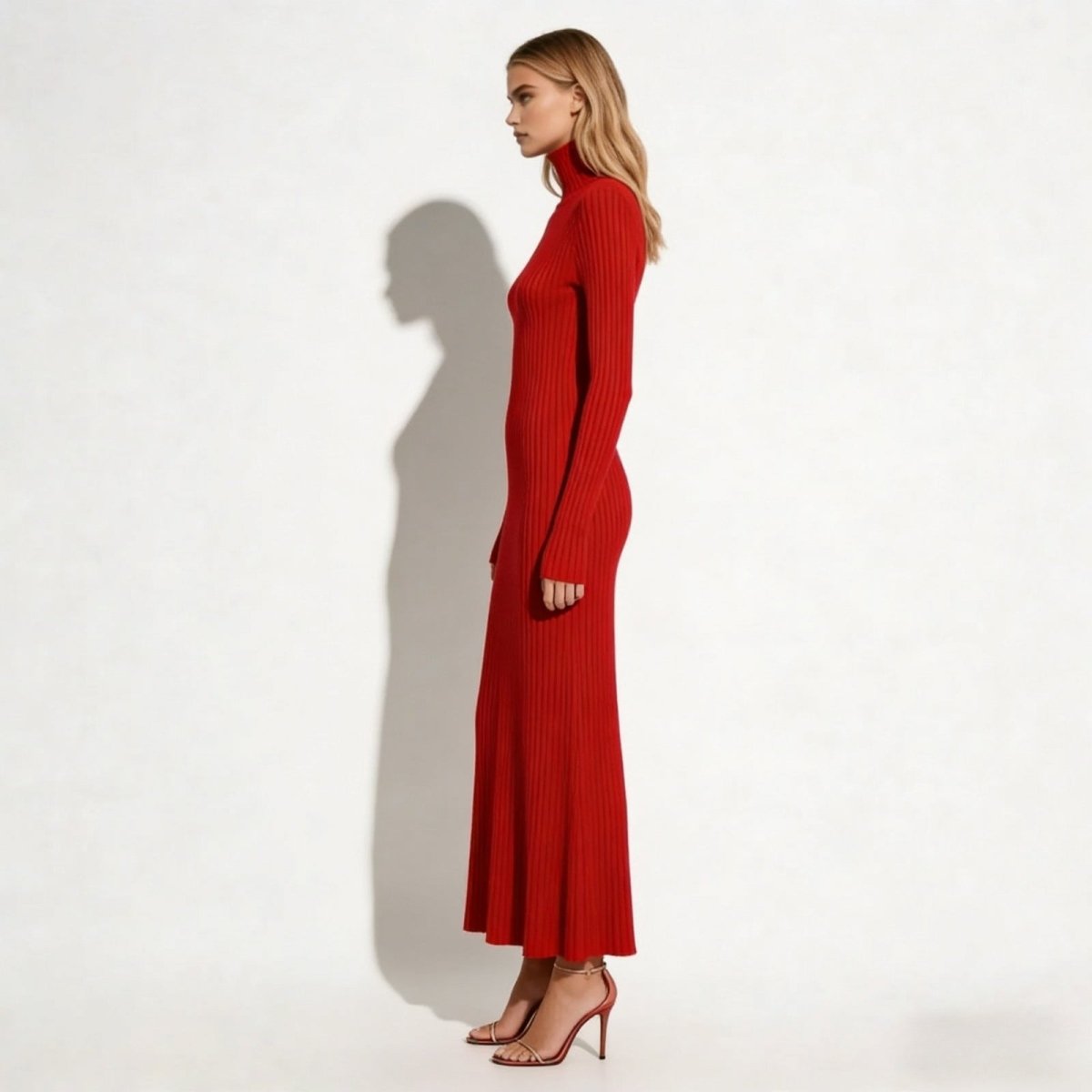 Side profile of the Kouvr Dianne red sweater dress in a form-fitting ribbed knit, highlighting the elegant drape and maxi length.