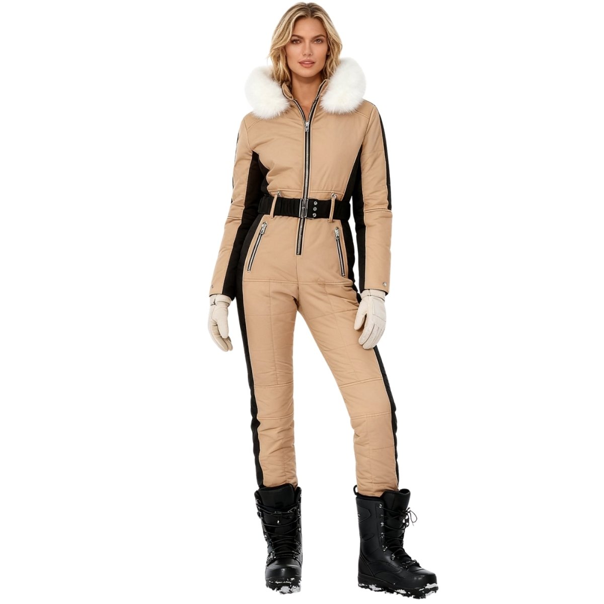 Woman wearing a khkai and black kouvr snowsuit with white fur trim on a white background