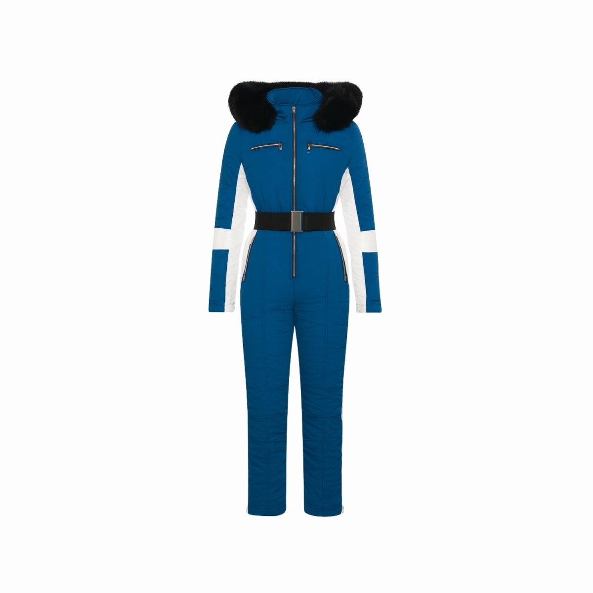 Kouvr Fashion women's blue and white insulated ski suit with black fur-trimmed hood and belt on a white background.

