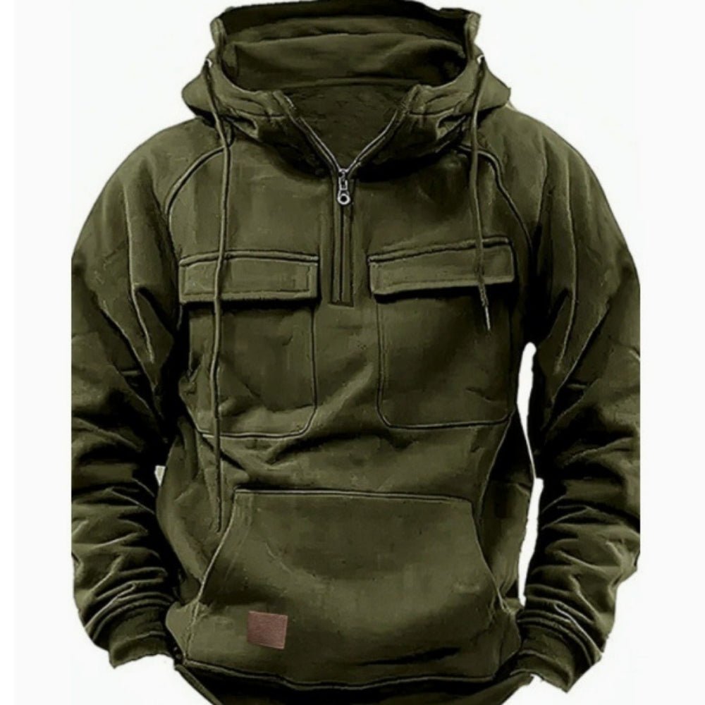 Men's Kouvr Dominic Tactical Hoodie in olive green, showing the structured hood and back paneling.