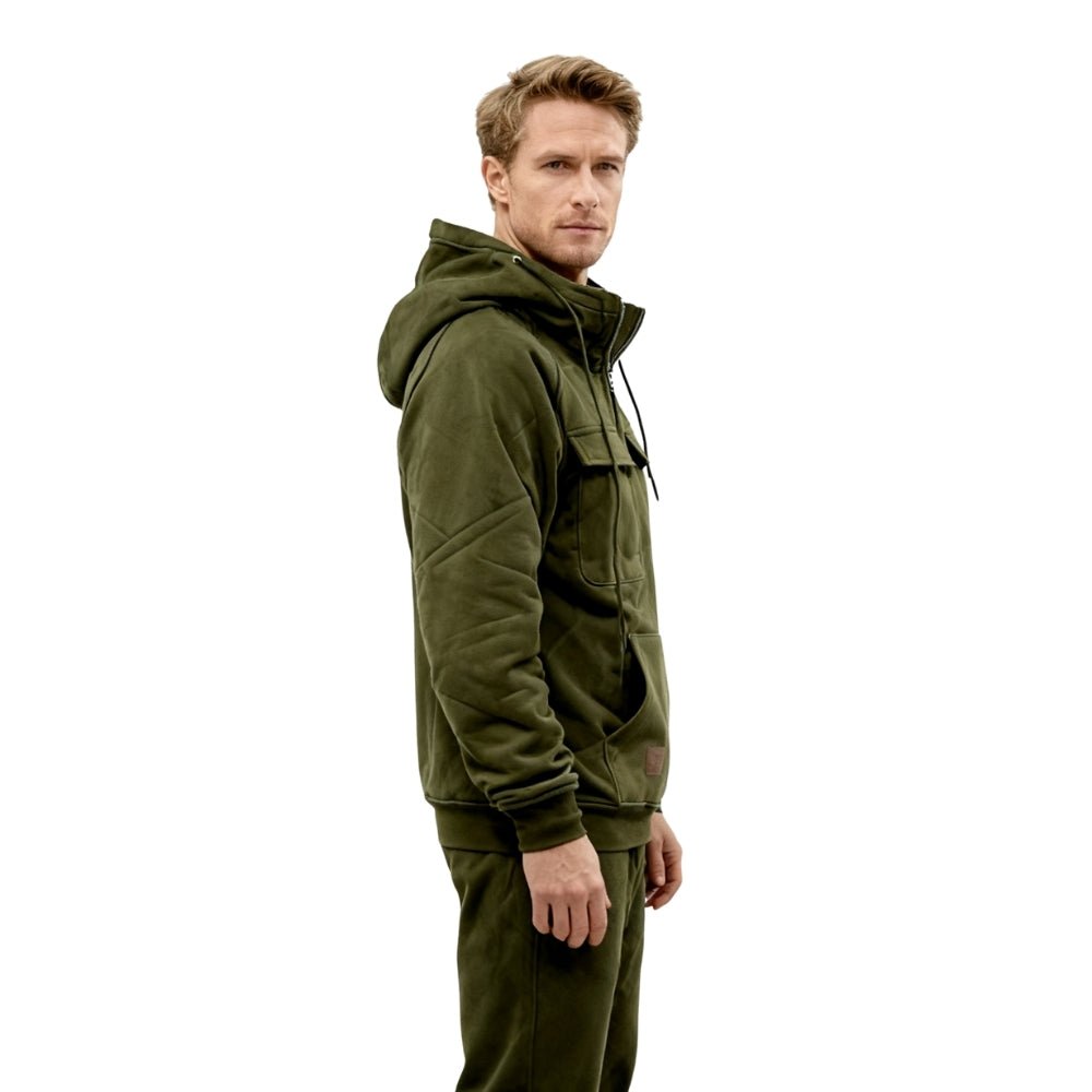 Model wearing the olive green Kouvr Dominic Tactical Hoodie, showcasing its fit and style.