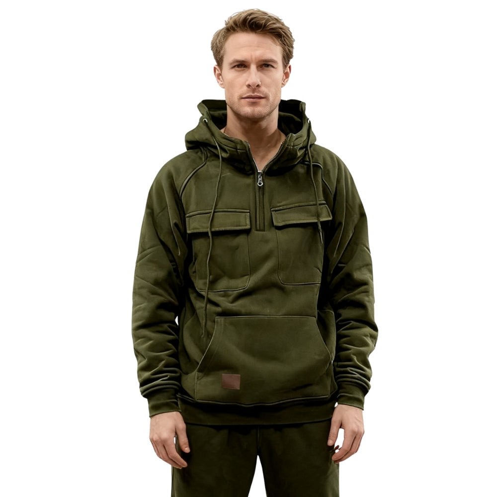 Men's luxury Dominic Tactical Hoodie in olive green by Kouvr, front view showing chest pockets and half-zip.