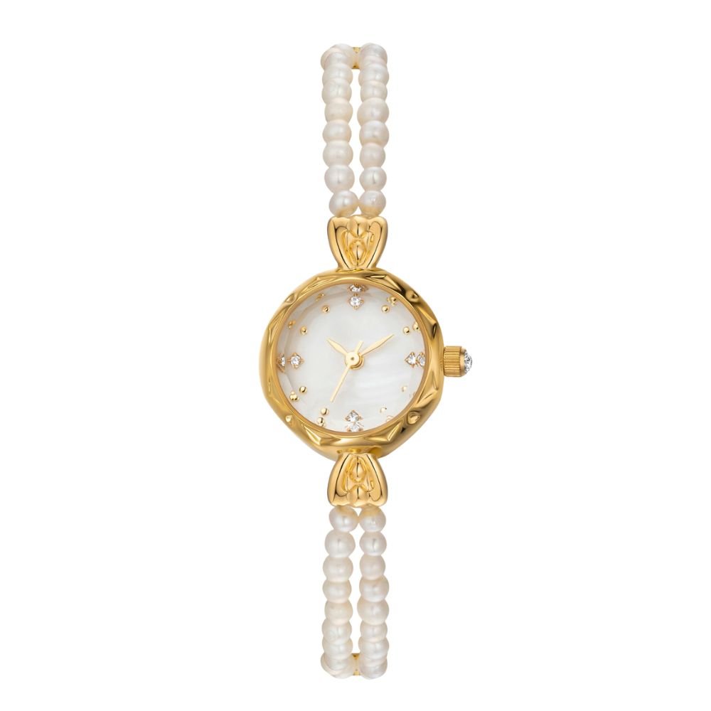 Gold kouvr watch with pearl strap on a white background