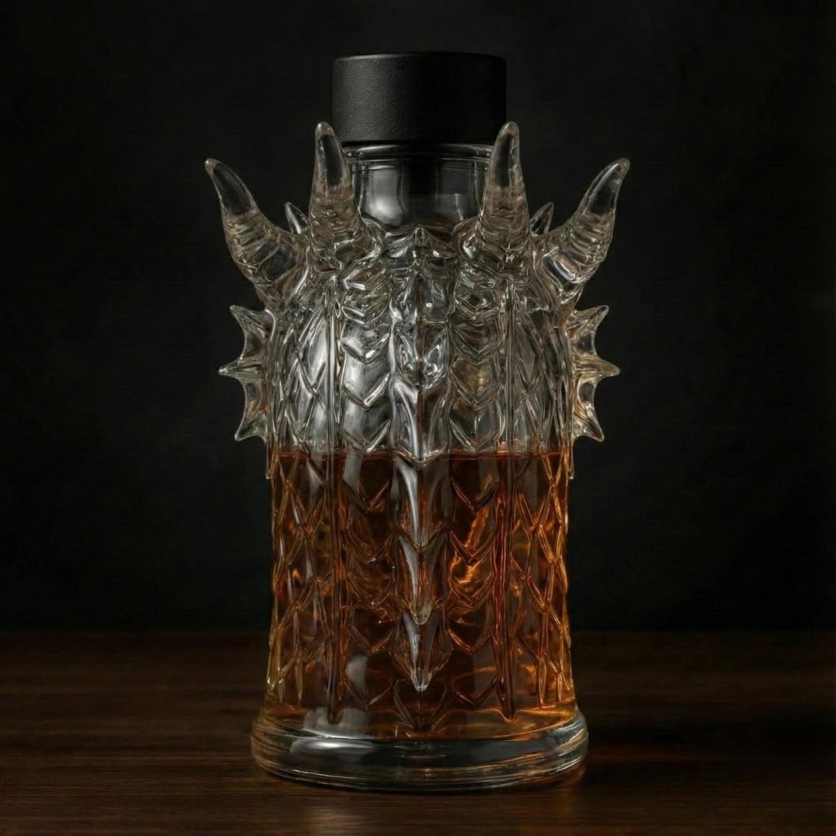 Back view of the Kouvr dragon head decanter, showcasing the textured glass scales and the shape of the horns and neck.