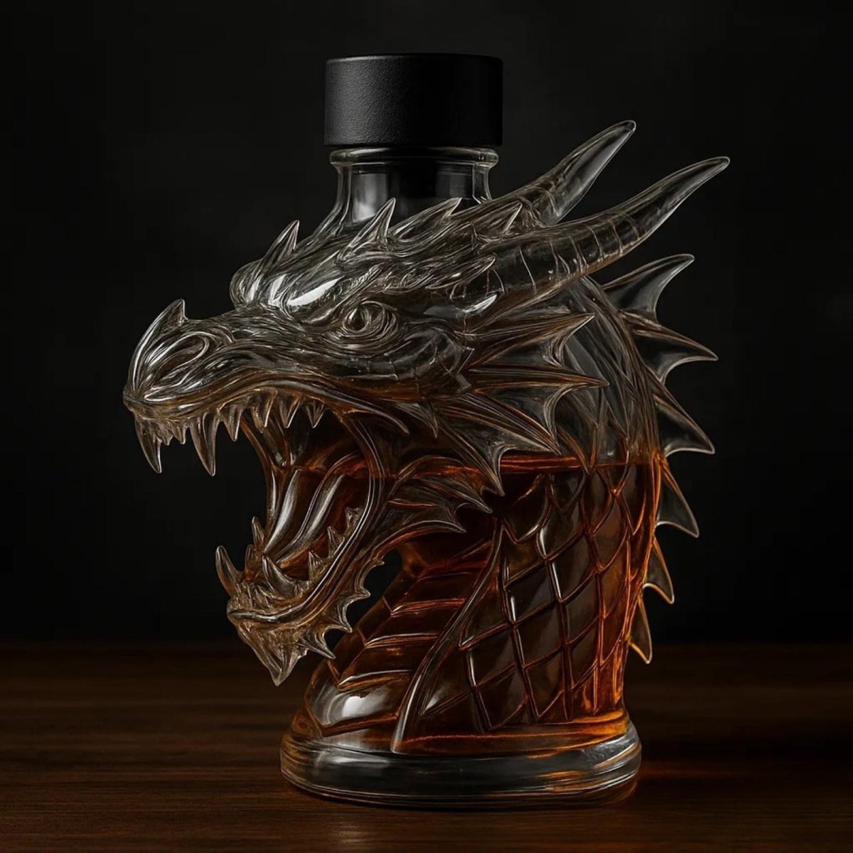 Side profile of the Kouvr dragon head whiskey decanter, filled with amber liquid, showing detailed glass scales and horns on a dark wood table.