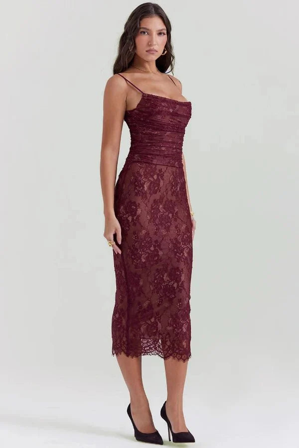 scalloped hem," "ruched bodice," "sheer floral," "elegant evening wear," "sophisticated cocktail attire