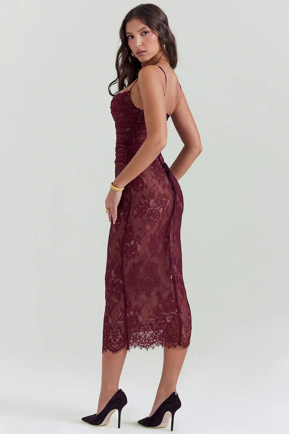 scalloped hem," "ruched bodice," "sheer floral," "elegant evening wear," "sophisticated cocktail attire