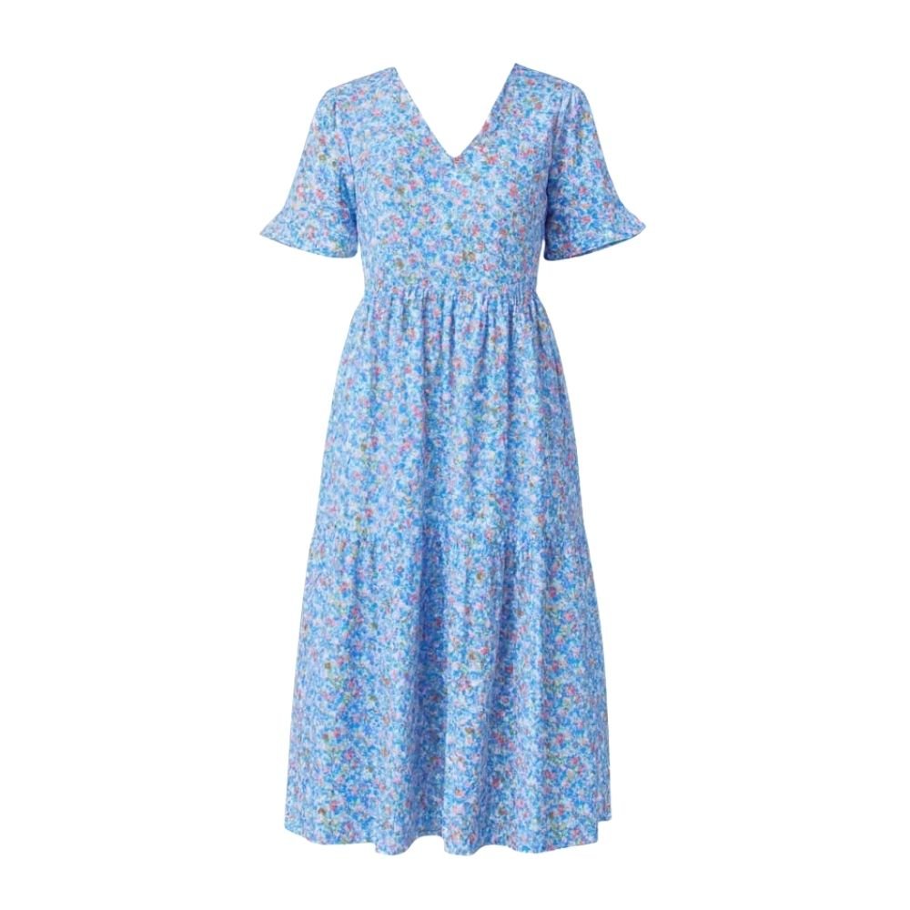 Blue kouvr floral dress on a white background