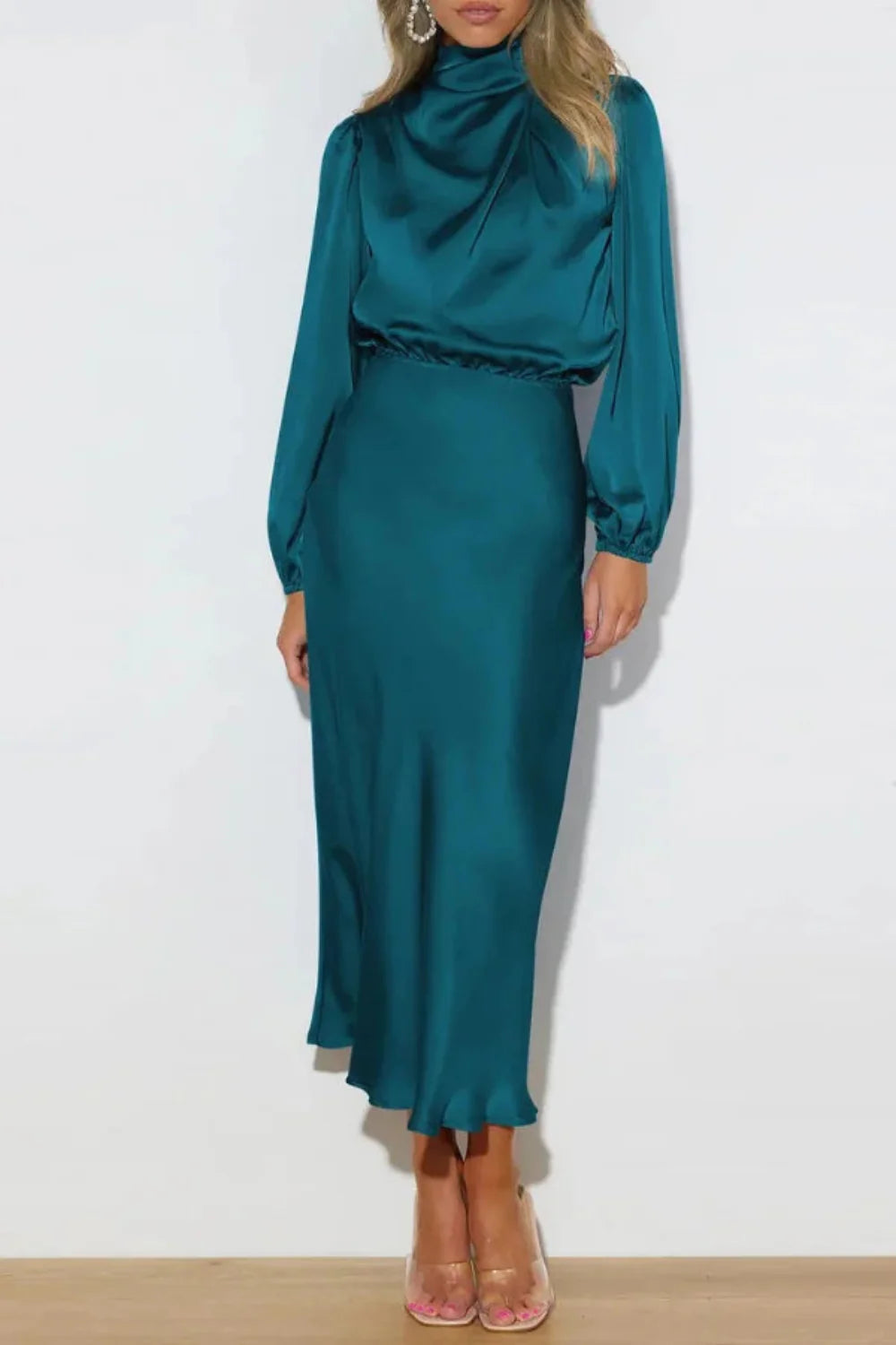 Model wearing the Kouvr Ellana elegant teal satin midi dress with bishop sleeves