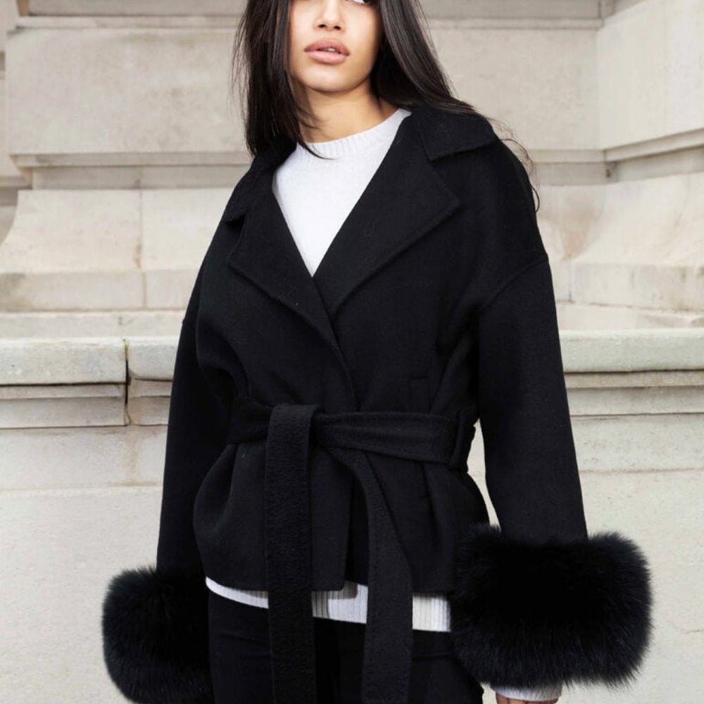 luxury winter outerwear", "designer belted coat", "women's evening coat", "statement sleeve coat", "cashmere blend jacket