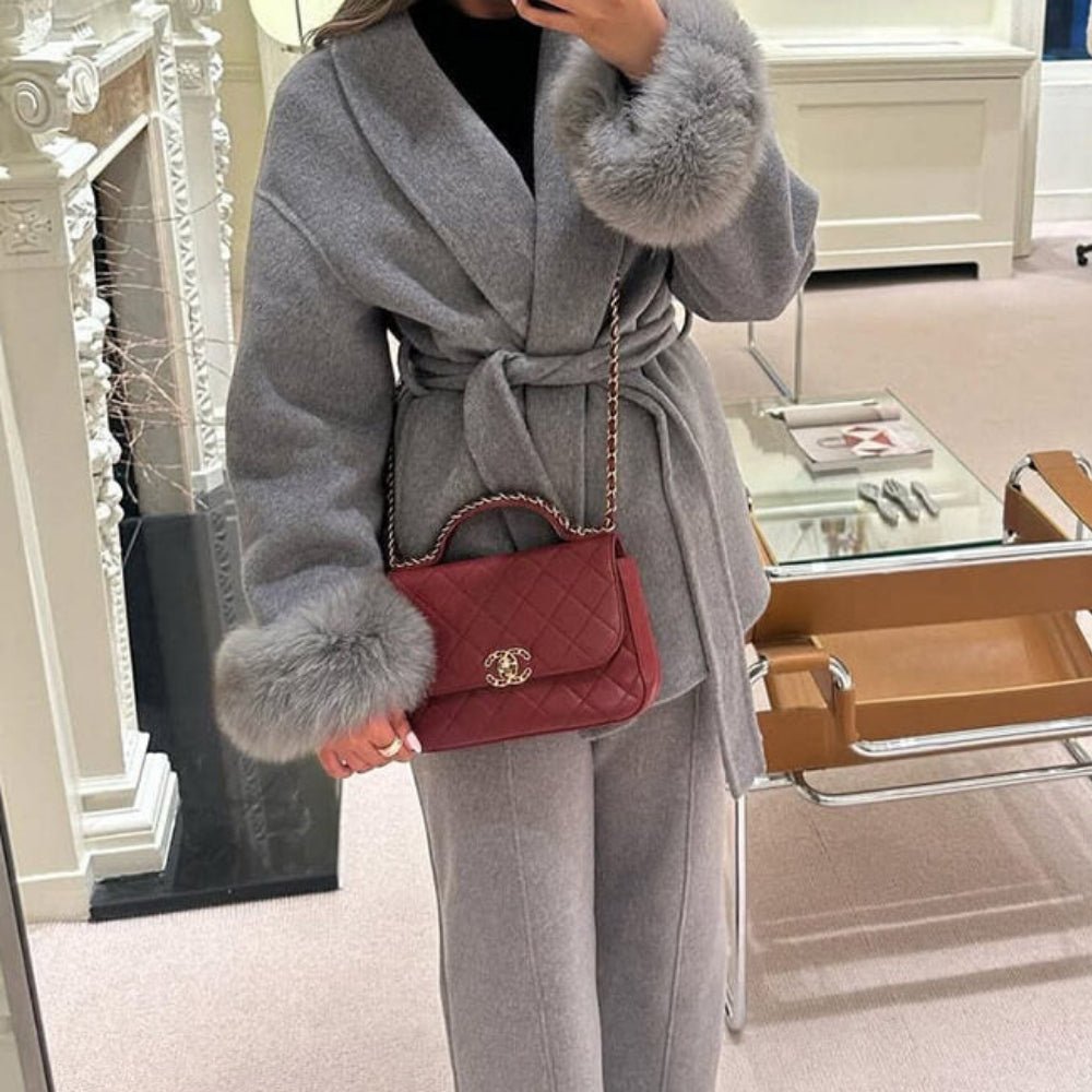 faux fur cuff wrap coat
heather grey robe coat
cashmere blend belted coat
shawl collar wool coat
luxury winter coat for women
short grey wrap coat
