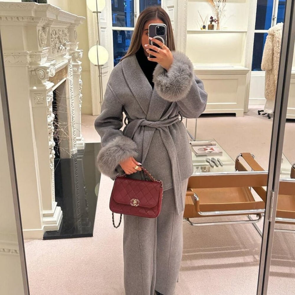 faux fur cuff wrap coat
heather grey robe coat
cashmere blend belted coat
shawl collar wool coat
luxury winter coat for women
short grey wrap coat