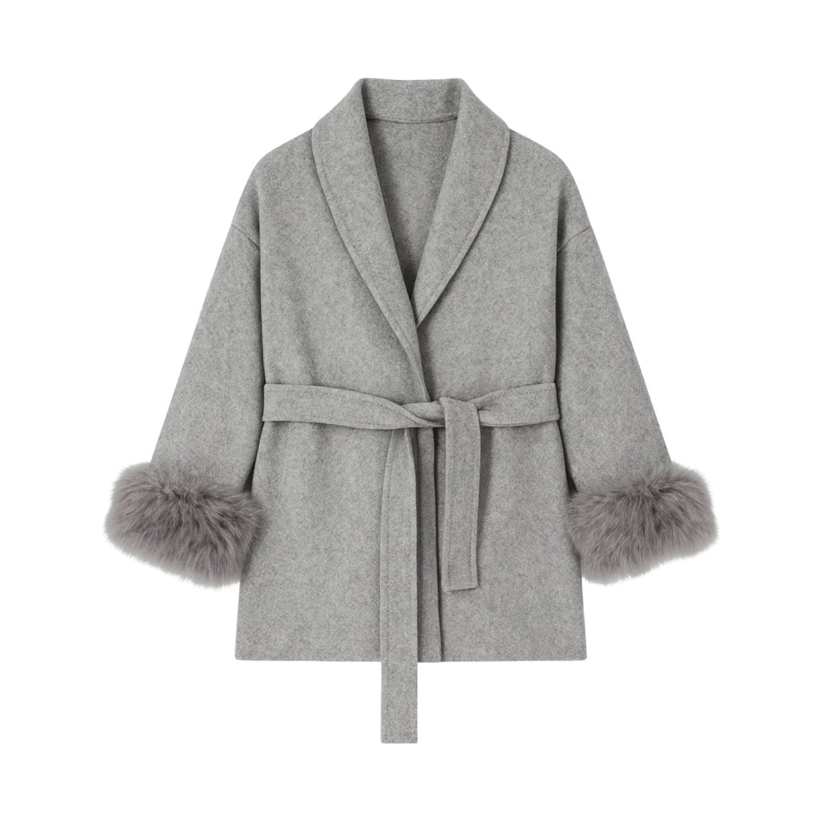 Gray robe with fur cuffs on a white background