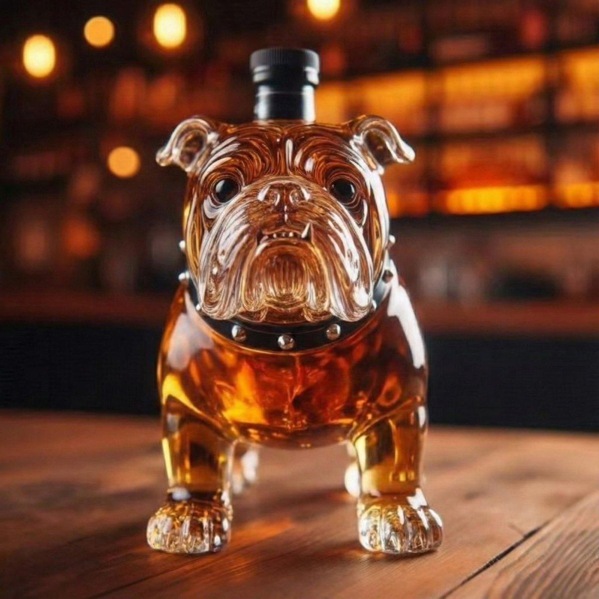 Front view of the Kouvr English Bulldog liquor decanter showing intricate facial details and studded collar, set against a warm bar background.