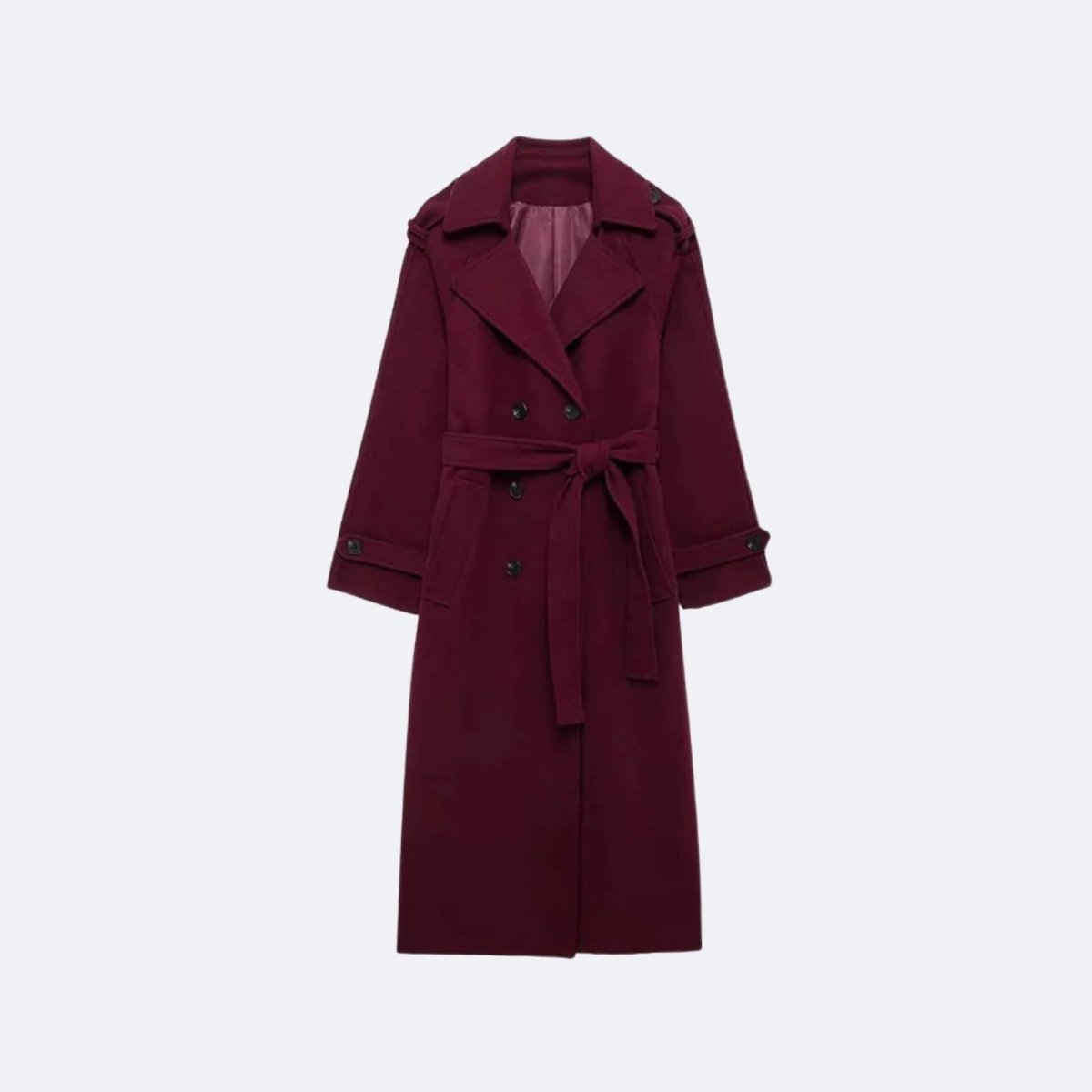 Flat lay product shot of the Kouvr Fashion Esther wool trench coat in burgundy, tied at the waist, showing its double-breasted buttons and wide lapels.