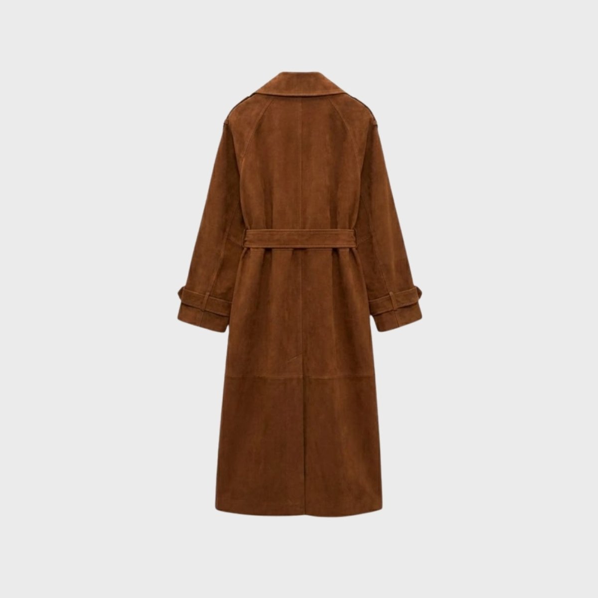 Product-only back view of the Kouvr Fashion women's suede trench coat, showing paneling and belt detail.