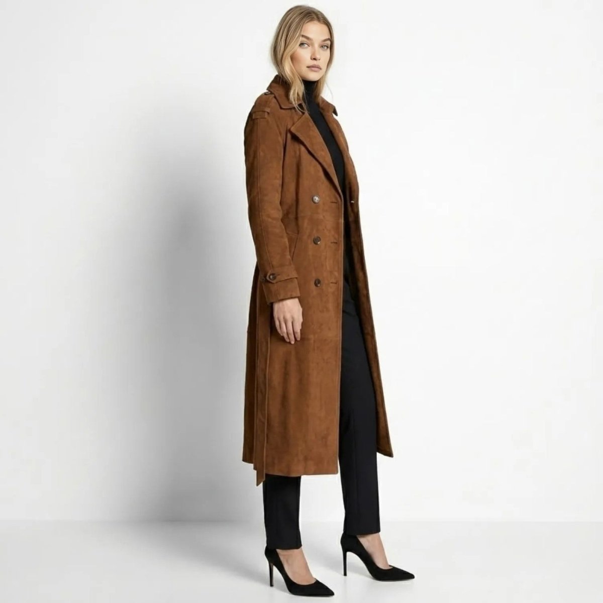 Side profile of a woman wearing the Kouvr Fashion cognac suede trench coat, showing its long, elegant silhouette.
