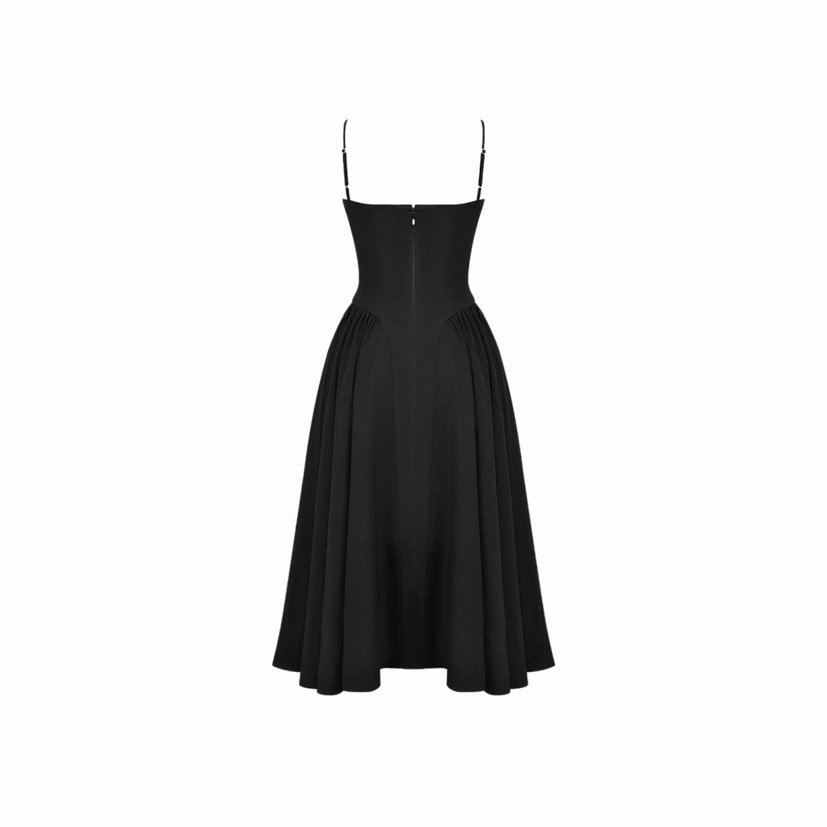 High-quality studio photo of the back of the Kouvr Evdokia black midi dress, showing zipper detail and strap construction.